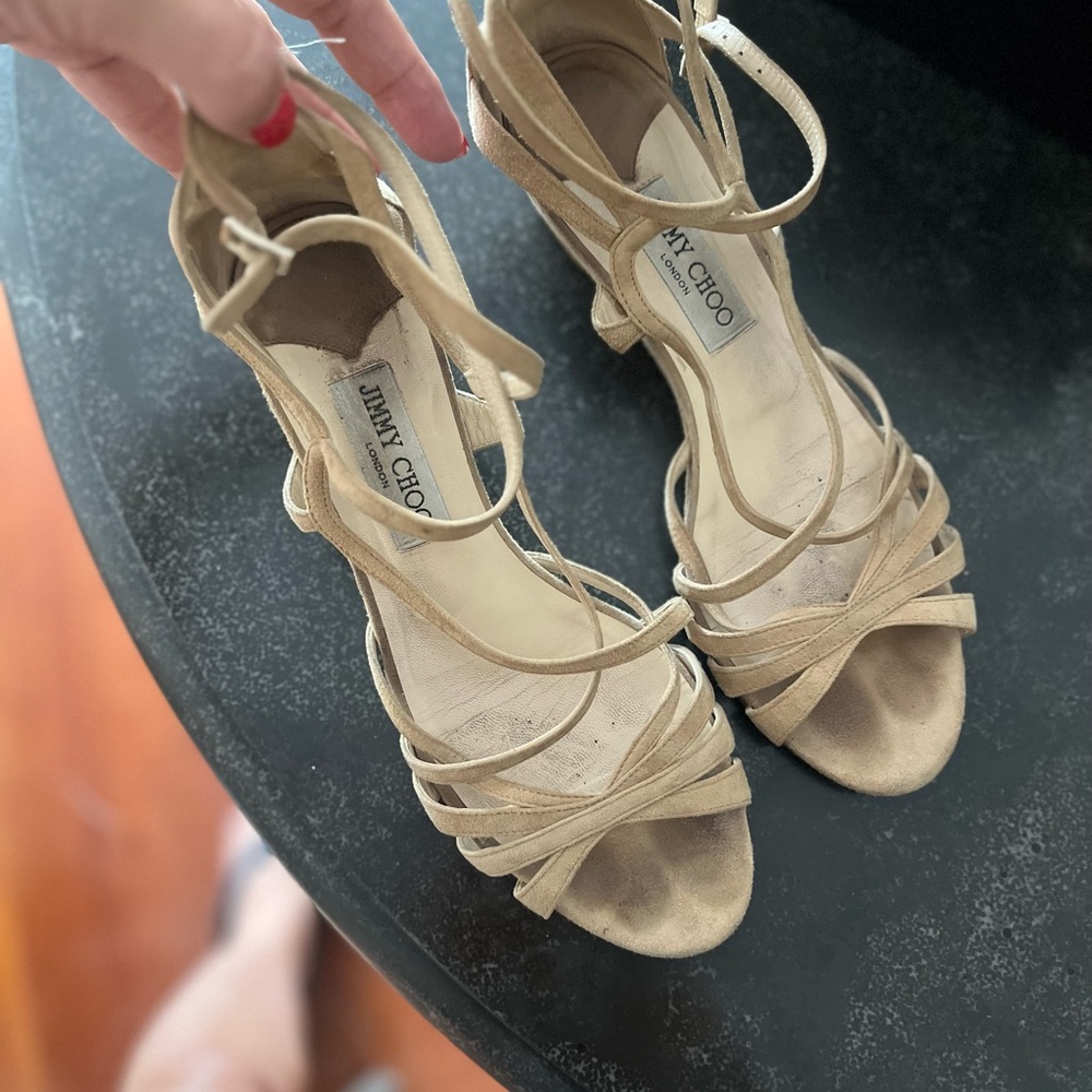 Jimmy Choo Strappy Low Wedge Suede Beige Sandal